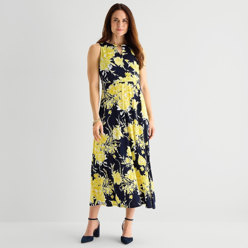 MSRP $89 Studio One Womens M Navy Yellow Keyhole Neck Maxi Dress Sleeveless